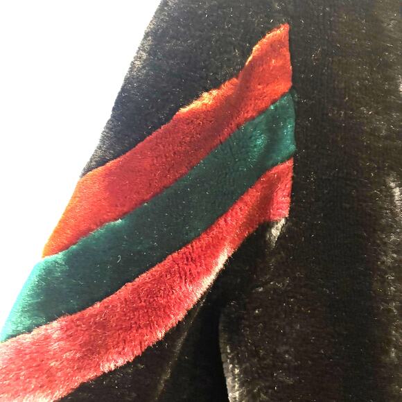 Vintage 80s Borgazia Black Faux Fur Coat Red Green Stripe, Size 13/14 - Picture 7 of 8